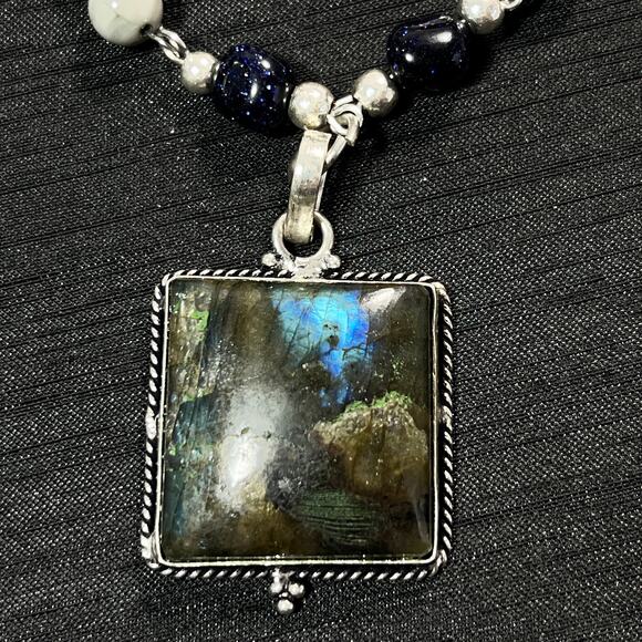 Handmade Laborite Cabochon Blue Gold Stone Jade Necklace & Earrings 20 inches - Picture 3 of 3